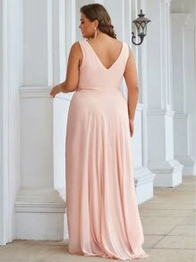 EVERPRETTY Vestido de dama de honor con diamante de imitación fruncido bajo irregular de gasa - Rosa Pálido - Ver 2