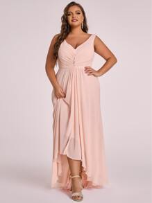 EVERPRETTY Vestido de dama de honor con diamante de imitación fruncido bajo irregular de gasa - Rosa Pálido - Ver 5