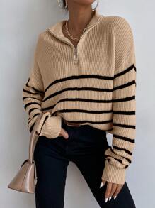SHEIN Essnce Jersey de rayas de hombros caídos con cremallera delantera - Caqui - Ver 1