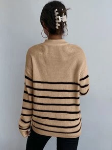 SHEIN Essnce Jersey de rayas de hombros caídos con cremallera delantera - Caqui - Ver 2