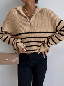 SHEIN Essnce Jersey de rayas de hombros caídos con cremallera delantera - Caqui - Ver 3