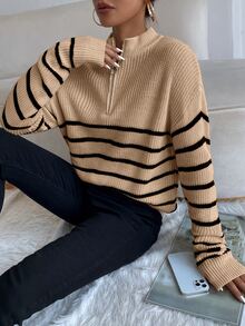 SHEIN Essnce Jersey de rayas de hombros caídos con cremallera delantera - Caqui - Ver 4