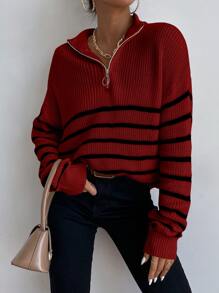 SHEIN Essnce Jersey de rayas de hombros caídos con cremallera delantera - Burdeos - Ver 1