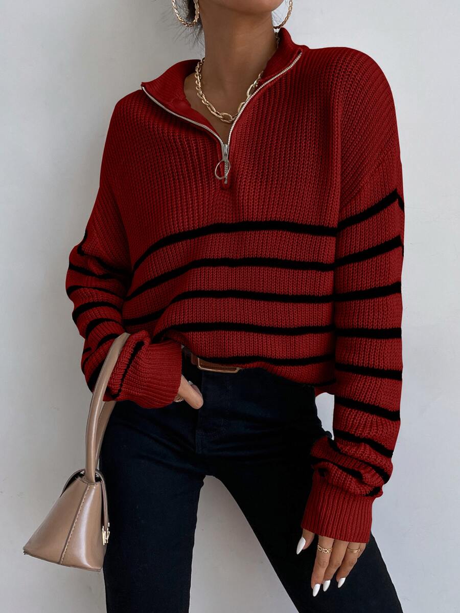 SHEIN Essnce Jersey de rayas de hombros caídos con cremallera delantera - Burdeos - Ver 1