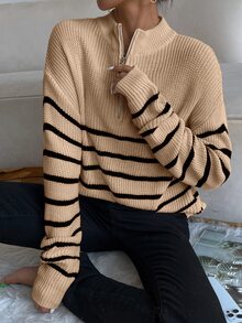 SHEIN Essnce Jersey de rayas de hombros caídos con cremallera delantera - Caqui - Ver 5