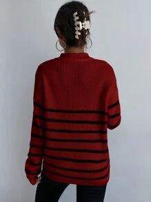 SHEIN Essnce Jersey de rayas de hombros caídos con cremallera delantera - Burdeos - Ver 2