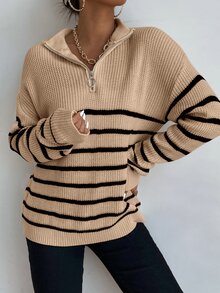 SHEIN Essnce Jersey de rayas de hombros caídos con cremallera delantera - Caqui - Ver 6