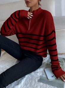 SHEIN Essnce Jersey de rayas de hombros caídos con cremallera delantera - Burdeos - Ver 3