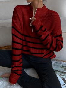 SHEIN Essnce Jersey de rayas de hombros caídos con cremallera delantera - Burdeos - Ver 4