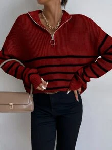 SHEIN Essnce Jersey de rayas de hombros caídos con cremallera delantera - Burdeos - Ver 5
