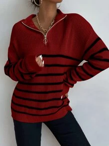 SHEIN Essnce Jersey de rayas de hombros caídos con cremallera delantera - Burdeos - Ver 6