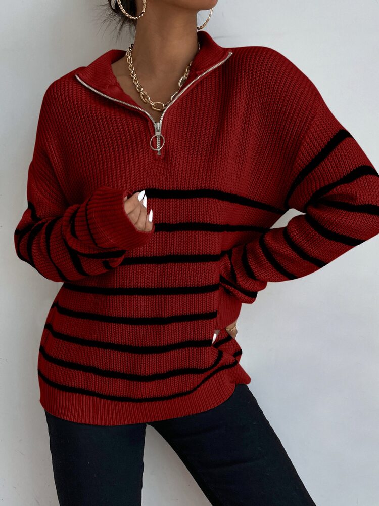 SHEIN Essnce Striped Drop Shoulder Zipper Front Sweater - Burgundy - View 6