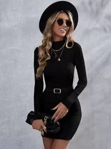 Chiquease Mock Neck Ribbed Knit Bodycon Jumper Dress Without Belt - Black - View 4