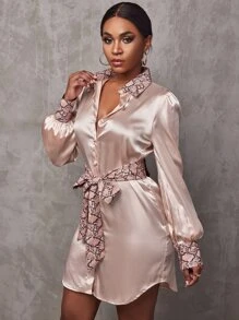 SHEIN SXY 蛇皮紋拼塊燈籠袖腰帶緞面襯衫連衣裙 - 淺粉色 - 查看 1