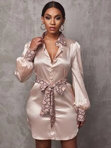 SHEIN SXY 蛇皮紋拼塊燈籠袖腰帶緞面襯衫連衣裙 - 淺粉色 - 查看 6