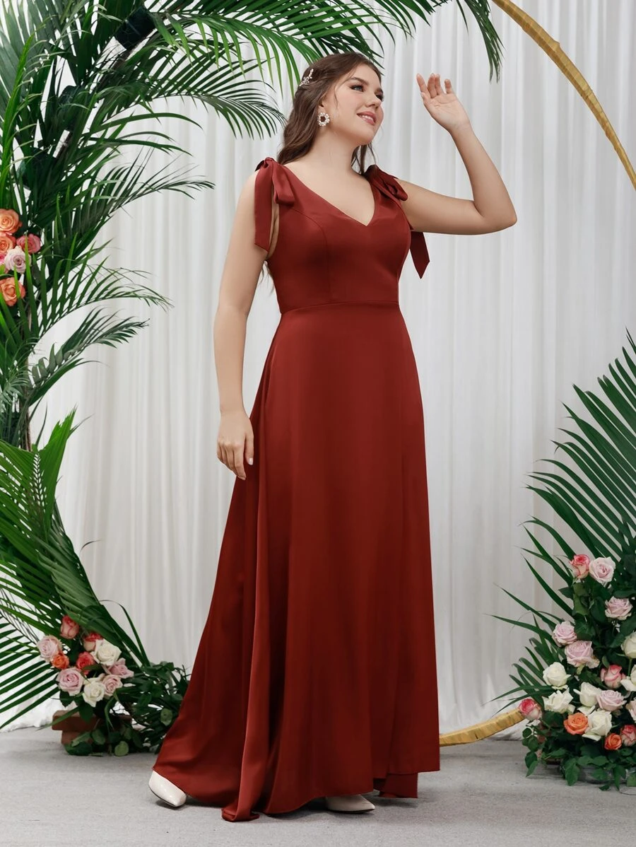 SHEIN Belle Burgundy Red Plus Tie Shoulder Bridesmaid Dress - Burgundy - View 1