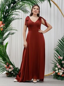 SHEIN Belle Burgundy Red Plus Tie Shoulder Bridesmaid Dress - Burgundy - View 3