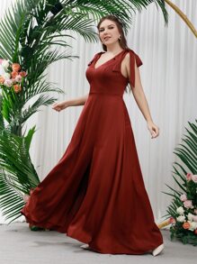 SHEIN Belle Burgundy Red Plus Tie Shoulder Bridesmaid Dress - Burgundy - View 4