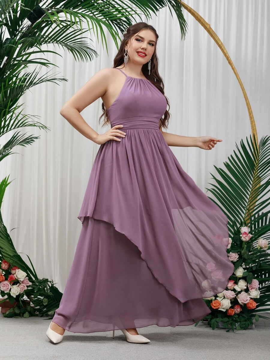 SHEIN Belle Plus Two Layer Hem Chiffon Bridesmaid Dress - Mauve Purple - View 1