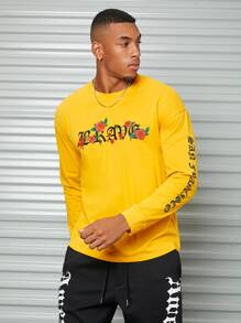 Manfinity 男士花和字母圖案T恤 - 黃色 - 查看 1