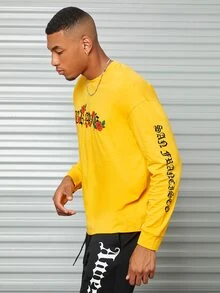 Manfinity 男士花和字母圖案T恤 - 黃色 - 查看 4