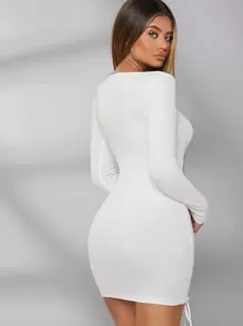 Đầm Cắt ra Ren lên Thùa khuyết Gân đan màu trơn Gợi cảm - trắng - Xem 2