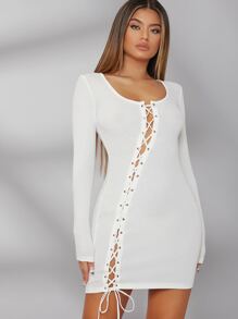 Đầm Cắt ra Ren lên Thùa khuyết Gân đan màu trơn Gợi cảm - trắng - Xem 3