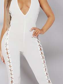 Self Tie Backless Lace Up Unitard Jumpsuit - White - View 4