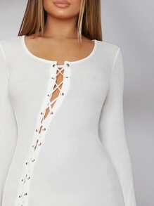 Đầm Cắt ra Ren lên Thùa khuyết Gân đan màu trơn Gợi cảm - trắng - Xem 4