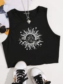 SHEIN Unity Sun & Gesture Print Tank Top - Black - View 1