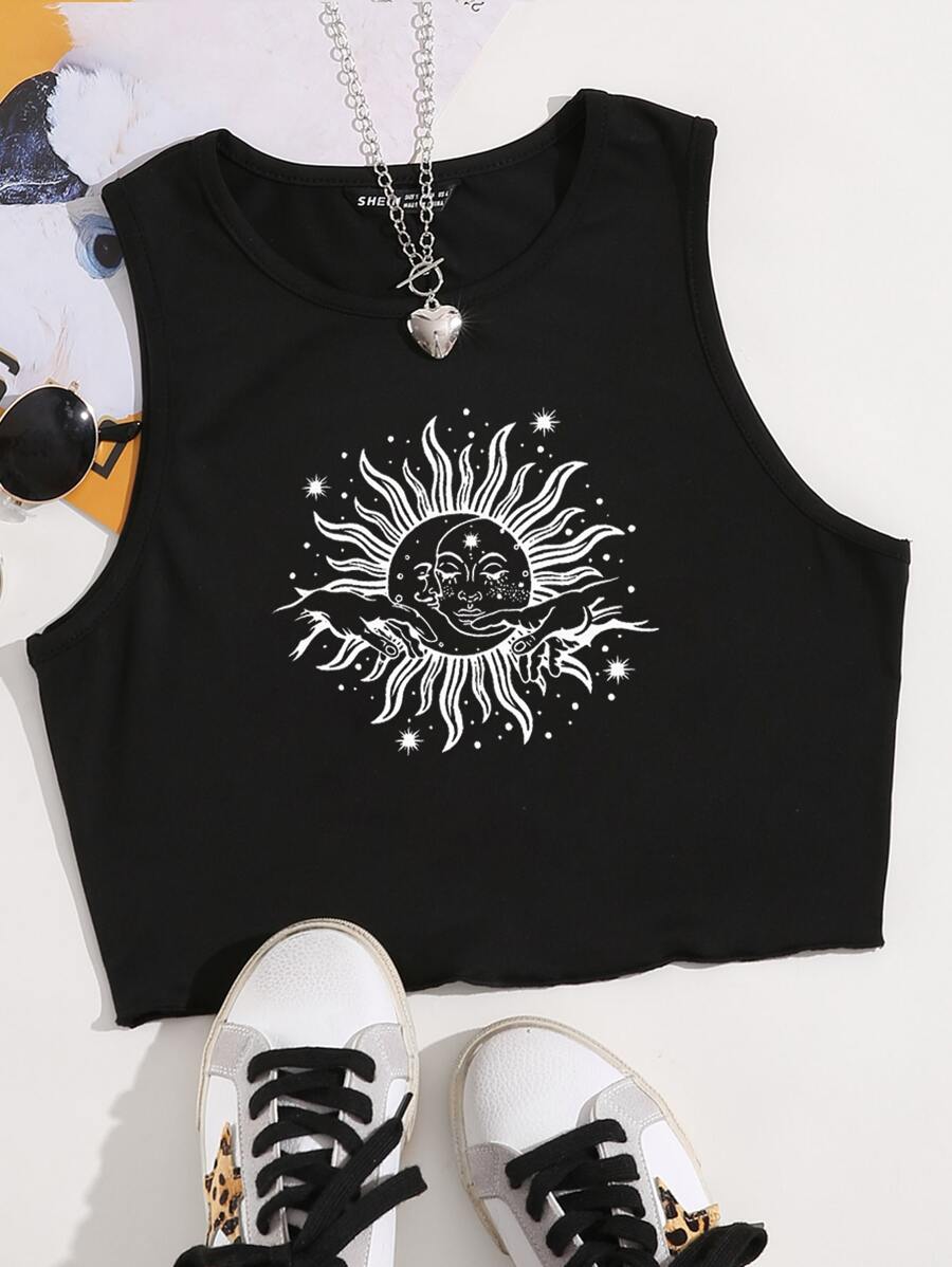 SHEIN Unity Sun & Gesture Print Tank Top - Black - View 1