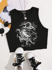 SHEIN Unity Chinese Dragon Graphic Lettuce Trim Tank Top - Black - View 1