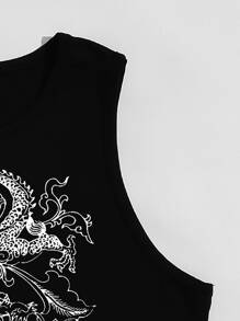 SHEIN Unity Chinese Dragon Graphic Lettuce Trim Tank Top - Black - View 3
