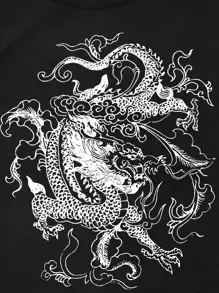 SHEIN Unity Chinese Dragon Graphic Lettuce Trim Tank Top - Black - View 4