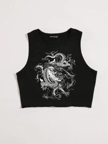SHEIN Unity Chinese Dragon Graphic Lettuce Trim Tank Top - Black - View 5
