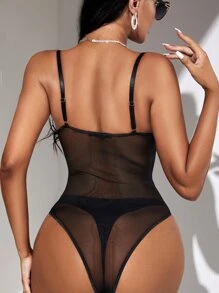 SHEIN SXY Bustier Mesh Cami Bodysuit Without Panty - Black - View 2