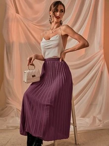 Solid Longline Pleated Skirt - Dusty Purple - View 3