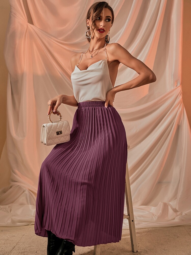 Solid Longline Pleated Skirt - Dusty Purple - View 3