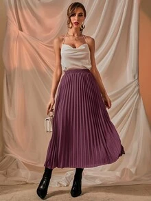 Solid Longline Pleated Skirt - Dusty Purple - View 5