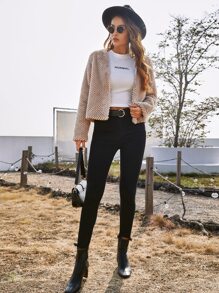 SHEIN Solid Open Front Fuzzy Coat