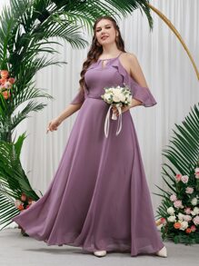 SHEIN Belle Plus Cold Shoulder Keyhole Neck Chiffon Bridesmaid Dress - Mauve Purple - View 1