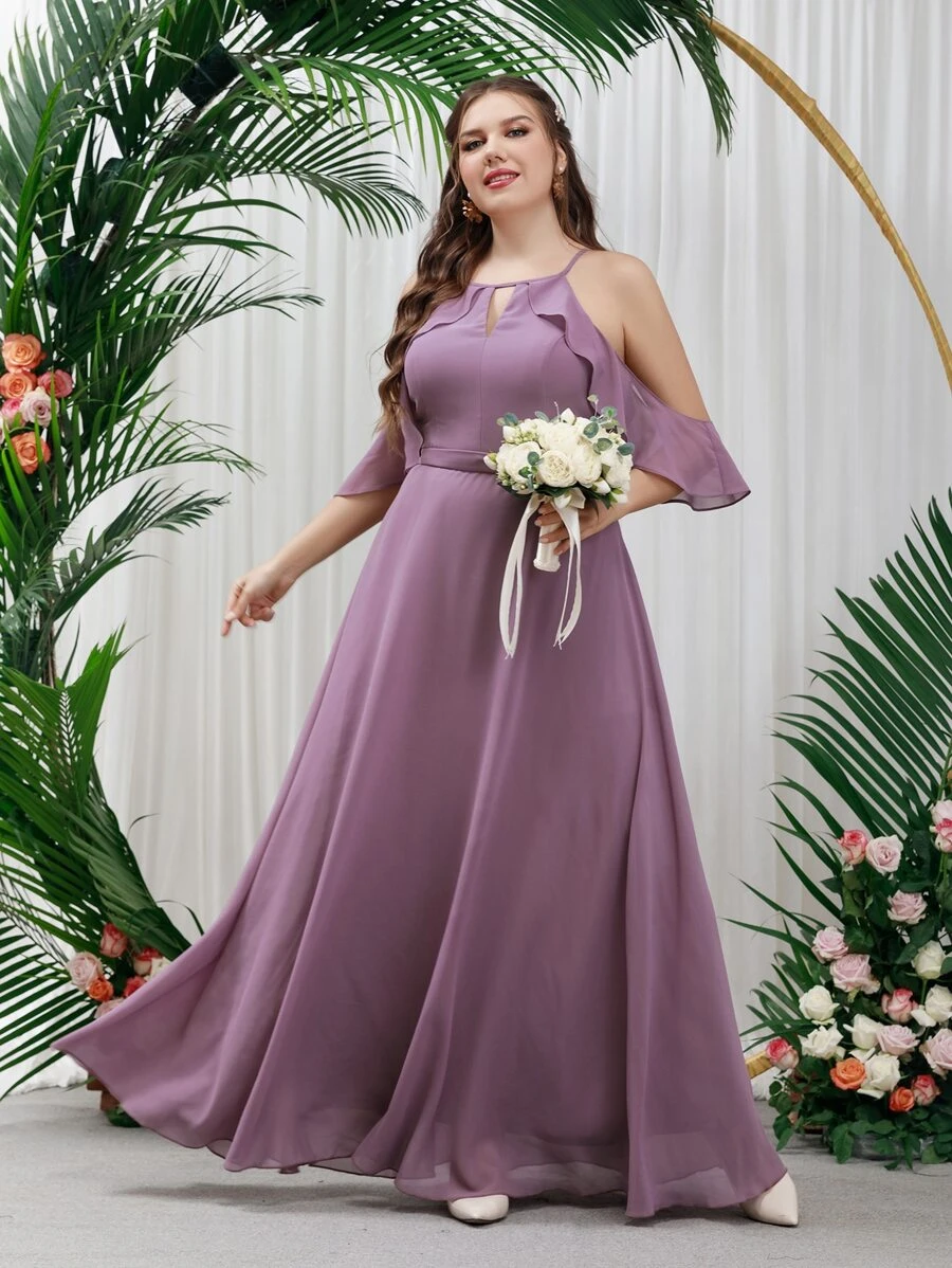 SHEIN Belle Plus Cold Shoulder Keyhole Neck Chiffon Bridesmaid Dress - Mauve Purple - View 1