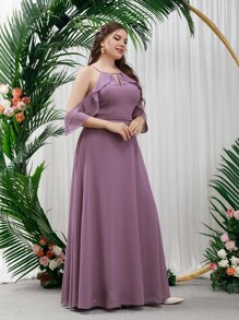 SHEIN Belle Plus Cold Shoulder Keyhole Neck Chiffon Bridesmaid Dress - Mauve Purple - View 3