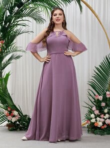 SHEIN Belle Plus Cold Shoulder Keyhole Neck Chiffon Bridesmaid Dress - Mauve Purple - View 5
