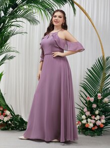 SHEIN Belle Plus Cold Shoulder Keyhole Neck Chiffon Bridesmaid Dress - Mauve Purple - View 6