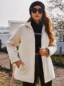 SHEIN Zip Up Belted Women's Winter Warm Padded Coat - Apricot - View 1