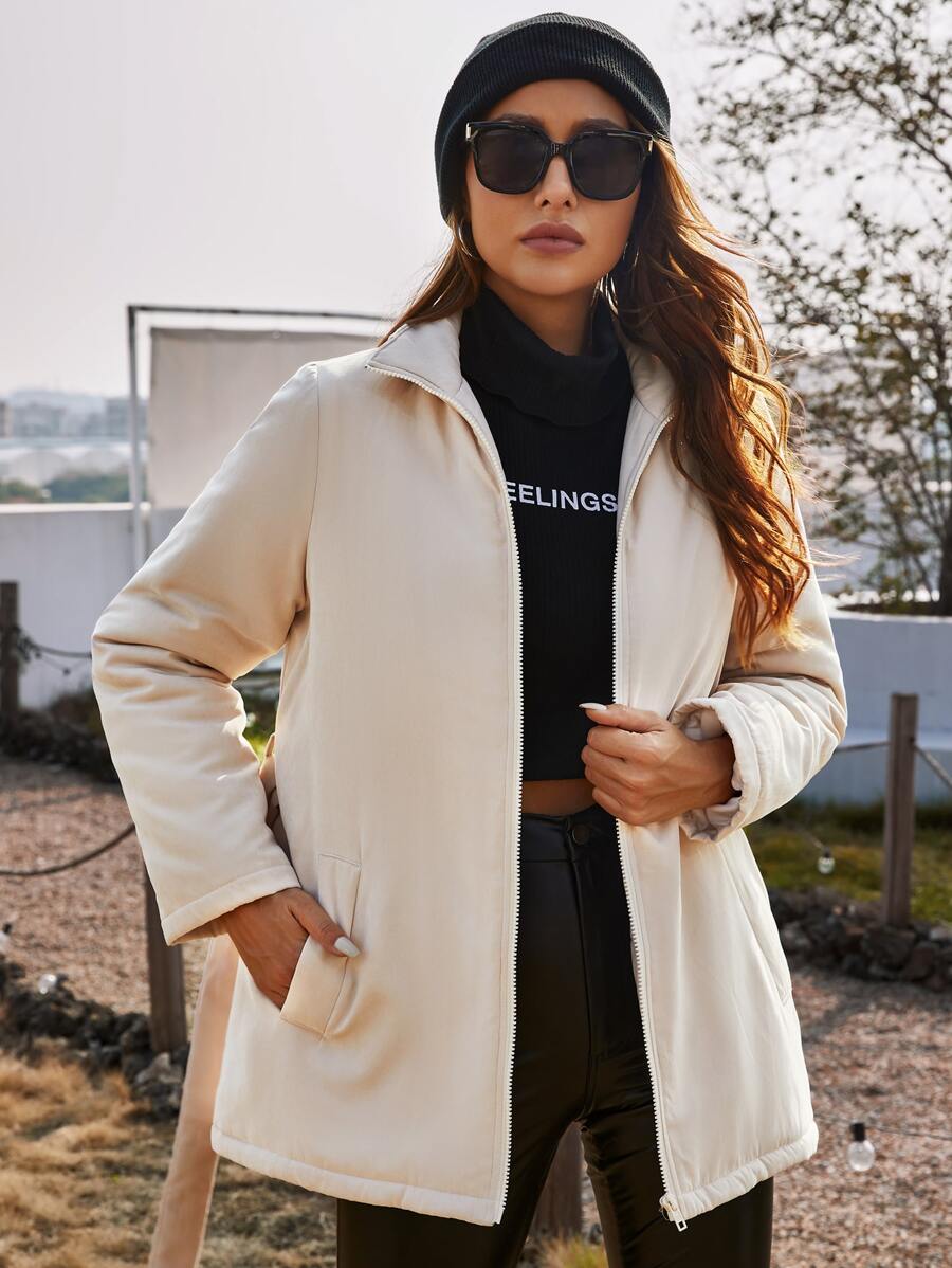 SHEIN Zip Up Belted Women's Winter Warm Padded Coat - Apricot - View 1