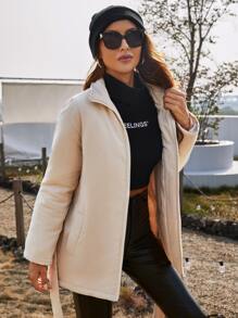 SHEIN Zip Up Belted Women's Winter Warm Padded Coat - Apricot - View 3