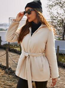 SHEIN Zip Up Belted Women's Winter Warm Padded Coat - Apricot - View 4