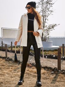 SHEIN Zip Up Belted Women's Winter Warm Padded Coat - Apricot - View 5